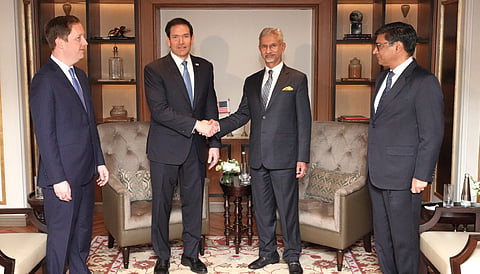 External Affairs Minister S Jaishankar shakes hands with US Secretary of State Marco Rubio in the presence of Foreign Secretary Vikram Misri, right, and US Ambassador to India Sergio Gor, left, during a bilateral meeting, in Mumbai