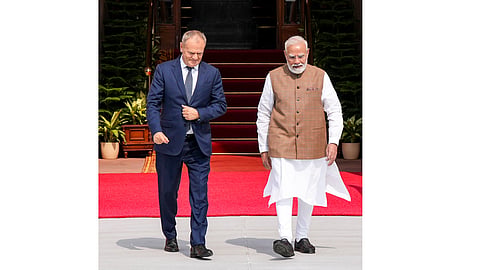 Prime Minister Narendra Modi with Poland's Prime Minister Donald Tusk before a bilateral meeting, at the Hyderabad House in New Delhi, Thursday, Oct. 22, 2026