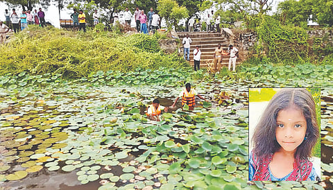 Fire service personnel search a pond as part of rescue mission; (inset) missing Hemavathi