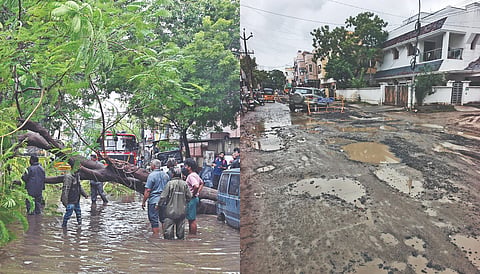 Denizens on Wednesday woke up to uprooted trees and potholes-ridden roads filled with sewage mix with rainwater