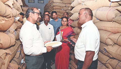 Food Minister P Venkataramanan inspecting a TNCSC godown located at Venkatachalapuram in Madurai on Thursday