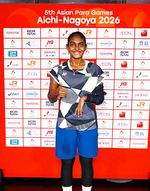 Thulasimathi Murugesan poses for a photograph after winning a silver medal in the women's singles SU5 final event during the ongoing 5th Asian Para Games, at Ichinomiya City Municipal Gymnasium, in Nagoya, Japan