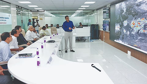 Chief Minister C Joseph Vijay taking stock of the monsoon situation at the State Emergency Response Centre in Ezhilagam on Thursday