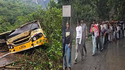 The damaged government bus (L), Rescued students from Kerala (R)