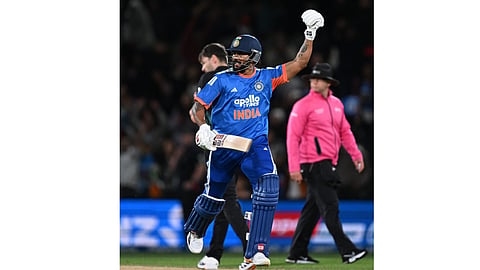 India's Nitish Kumar Reddy celebrates after winning the second T20 cricket international between New Zealand and India in Christchurch, New Zealand, Saturday, Oct. 24, 2026