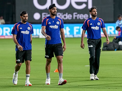 From left, India�s Prince Yadav, Arshdeep Singh and Bhuvneshwar Kumar warm up before the fifth and final T2oI cricket match of a series between India and West Indies, in Bengaluru, Saturday, Oct. 17, 2026