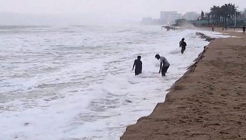 Rough sea conditions prevail ahead of the expected landfall, in Visakhapatnam