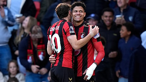 Bournemouth's Evanilson, right, celebrates scoring their side's second goal of the game during the Premier League match between Bournemouth and Sunderland, in Bournemouth, England Sunday Oct. 18, 2026