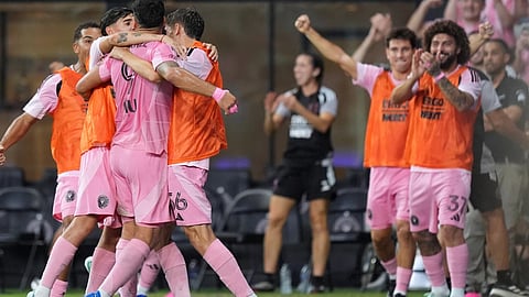 Inter Miami players celebrate arter Torward Luis Suarez (9) scored during the second half of an MLS Soccer match against FC Cincinnati