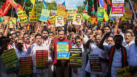 PMK president Anbumani Ramadoss, along with alliance party members, staged a protest at Egmore, demanding a caste-based population census in Tamil Nadu. 