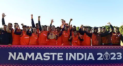 The Netherlands team celebrates its qualification