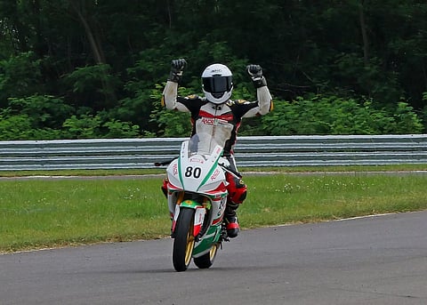 Rajiv Sethu celebrates winning the Pro-Stock 301-400cc race