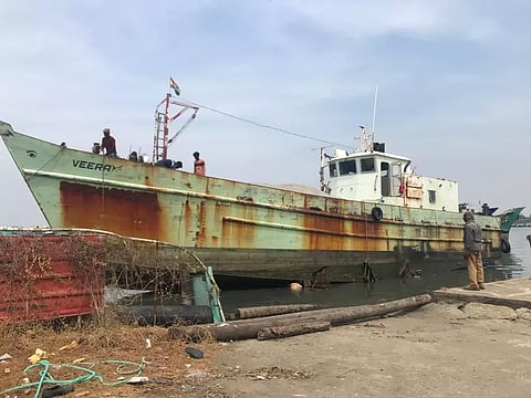 A tuna longliner vessel seen anchored  in Rameswaram