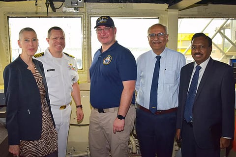 U.S. Consul General in Chennai Judith Ravin, U.S. Embassy New Delhi’s Office of Defense Cooperation chief Capt. Michael L. Farmer, USNS Salvor’s captain Capt. Andrew MacLeod, L