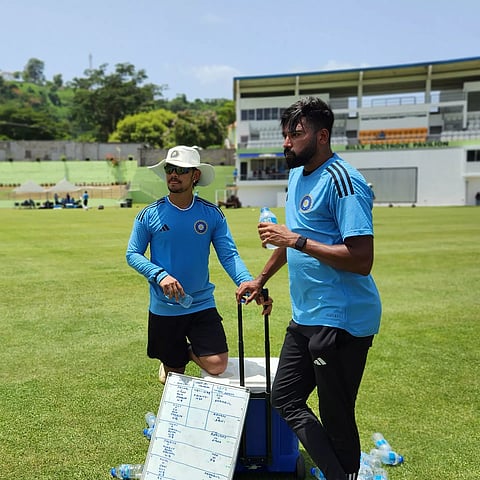 Ishan Kishan and Mohammed Siraj at a training session