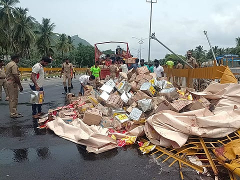 Goods from the lorry scattered on the road