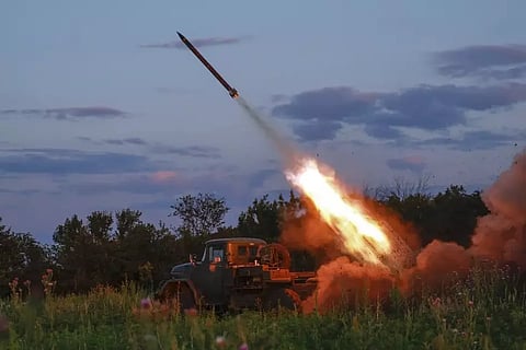 Ukrainian army multiple rocket launcher fires at Russian positions near Bakhmut, Donetsk, Wednesday