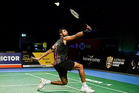 HS Prannoy hits a return against Priyanshu Rajawat in the semifinal