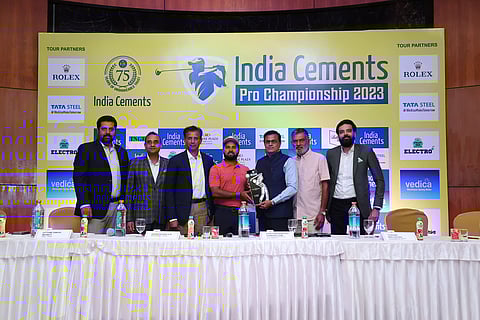 (from left to right): Uttam Singh Mundy, CEO, PGTI, Anand Nair, GM, Crowne Plaza Chennai, HR Srinivasan, President, PGTI, Indian golfer Aman Raj, Parthasarathy Ramanujam, Chief Marketing Officer, India Cements, A Saravanan representing TNGF, and Tushar Malhotra, Head of Marketing, Bisleri International Pvt Ltd