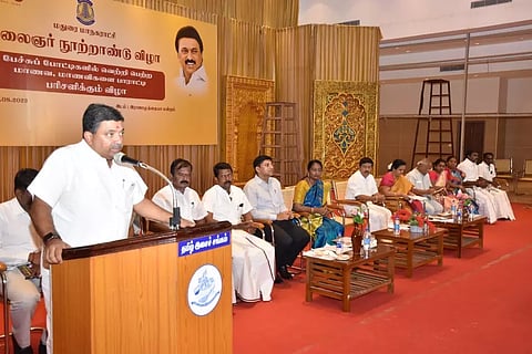Minister Palanivel Thiaga Rajan addressing students at a function in Madurai on Monday
