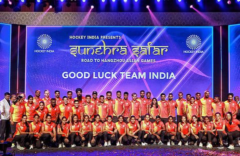 Indian men’s and women’s hockey teams for the Asian Games during a special send-off ceremony