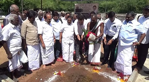 Ministers K Ramachandran and TM Anbarasan lay the first stone for the light park at Mahabalipuram on Friday