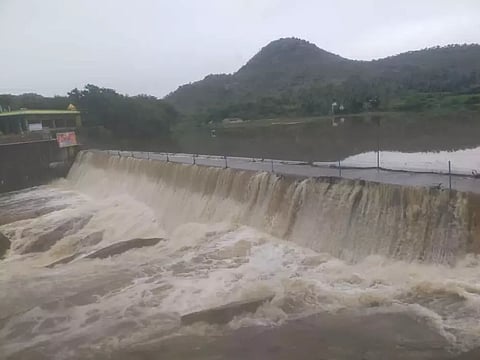 The Pullur check dam on AP border surplussing and water is seen flowing into Palar river near  Vaniyambadi