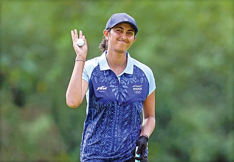 Aditi Ashok waves after finishing second in the Women’s Individual Golf Round (Photo/File)