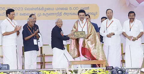 CM MK Stalin being felicitated by DK in Thanjavur on Friday