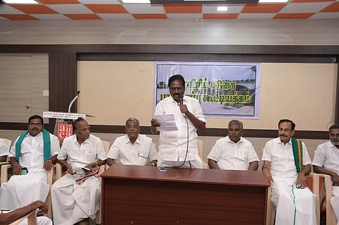 AKS Vijayan of the confederation speaks during the meeting in Thanjavur on Saturday