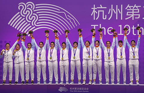 A jubilant Indian women’s Kabaddi team