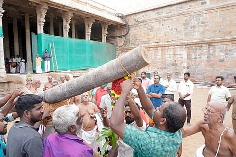The ‘pandakkal’ installed in view of Vaikunta Ekadasi festival in Sri Ranganathaswamy Temple in Srirangam on Wednesday