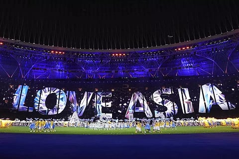 Artistes perform during the closing ceremony of the Asian Para Games in Hangzhou
