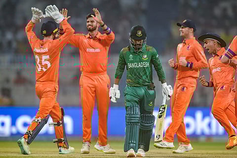 Netherlands celebrates the wicket of Litton Das
