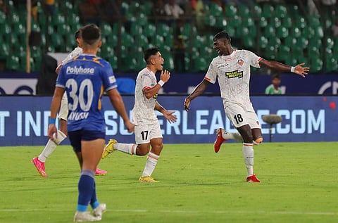 FC Goa players celebrate their goal against Chennaiyin