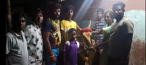 Cow ‘Azhagu Rani’ with people who celebrated its birthday in Pernambut