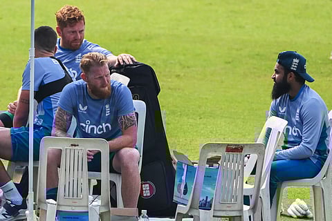 England’s Ben Stokes, Adil Rashid and Jonny Bairstow attend a training session on Tuesday