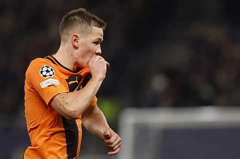 Ukrainian forward Danylo Sikan celebrates after scoring for Shakhtar
