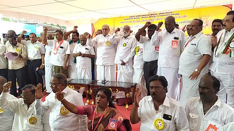 M Shanmugham leads protest by central trade unions and farmers’ associations on Monday