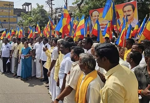 PMK cadre staging a protest against ONGC wells at Jayankondam in Ariyalur on Monday