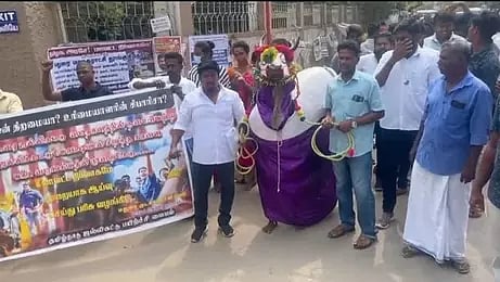 The bull owner alleging irregularities during inaugural contest at Keelakarai in Madurai protests at Collectorate