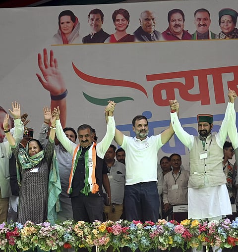 Rahul Gandhi with other leaders during ‘Nyay Sankalp Sabha’ for Lok Sabha elections, in Shimla, on Sunday