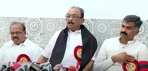 MDMK general secretary Vaiko, party principal secretary Durai Vaiko  addressing reporters in Chennai