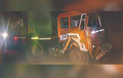 The rogue container truck hit a bus and a car.