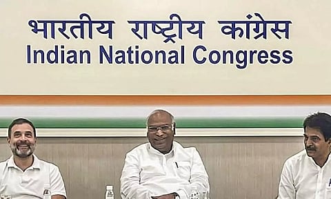 Congress leaders chair a meeting at the party headquarters in Delhi