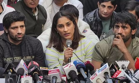 File photo of protesting wrestlers addressing the press