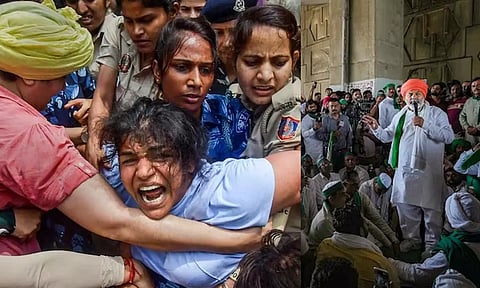 (On left) Security personnel detain wrestler Sakshi Malik during wrestlers protest march; Bharatiya Kisan Union (BKU) National Spokesperson Rakesh Tikait (right)&nbsp;