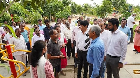Shiv Das Meena inspected the plant saplings and development works carried out along the river bank at Annai Sathya Nagar in the Adyar zone