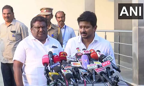 Udhayanidhi Stalin with SS Sivasankar speaking to reporters on Odisha train tragedy. (ANI)