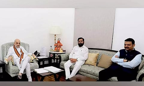 Maharashtra CM Eknath Shinde and Deputy CM Devendra Fadnavis with Union Minister Amit Shah (Twitter)